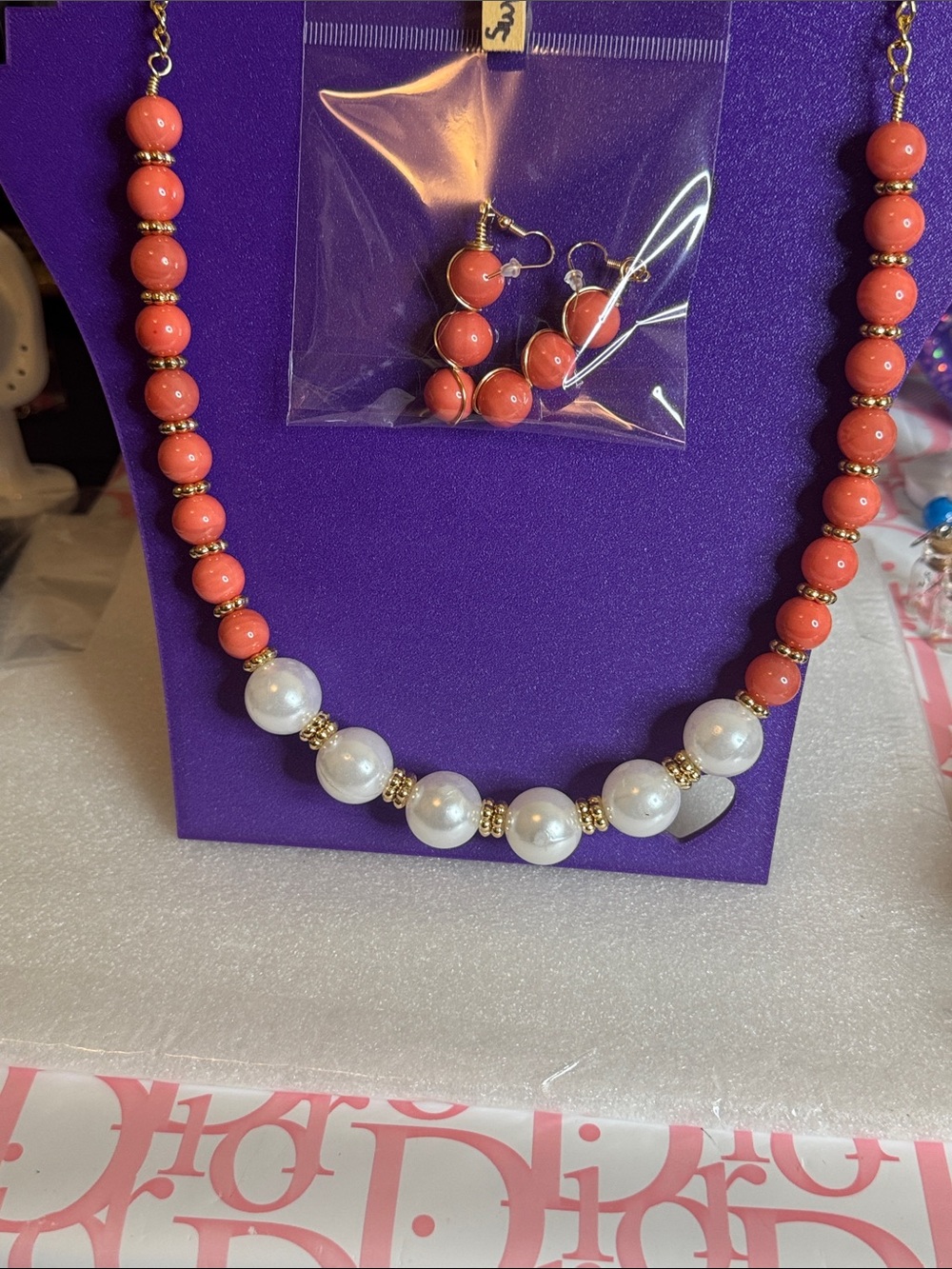 Coral Bead and Faux Pearl Necklace with Gold Accents